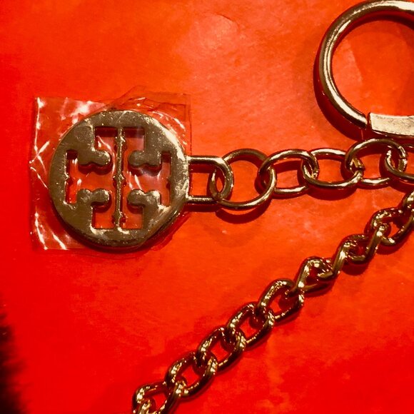 TORY BURCH Double T Classic Logo Metal Gold Keychain w Black Faux Fur Pompom - Picture 3 of 4